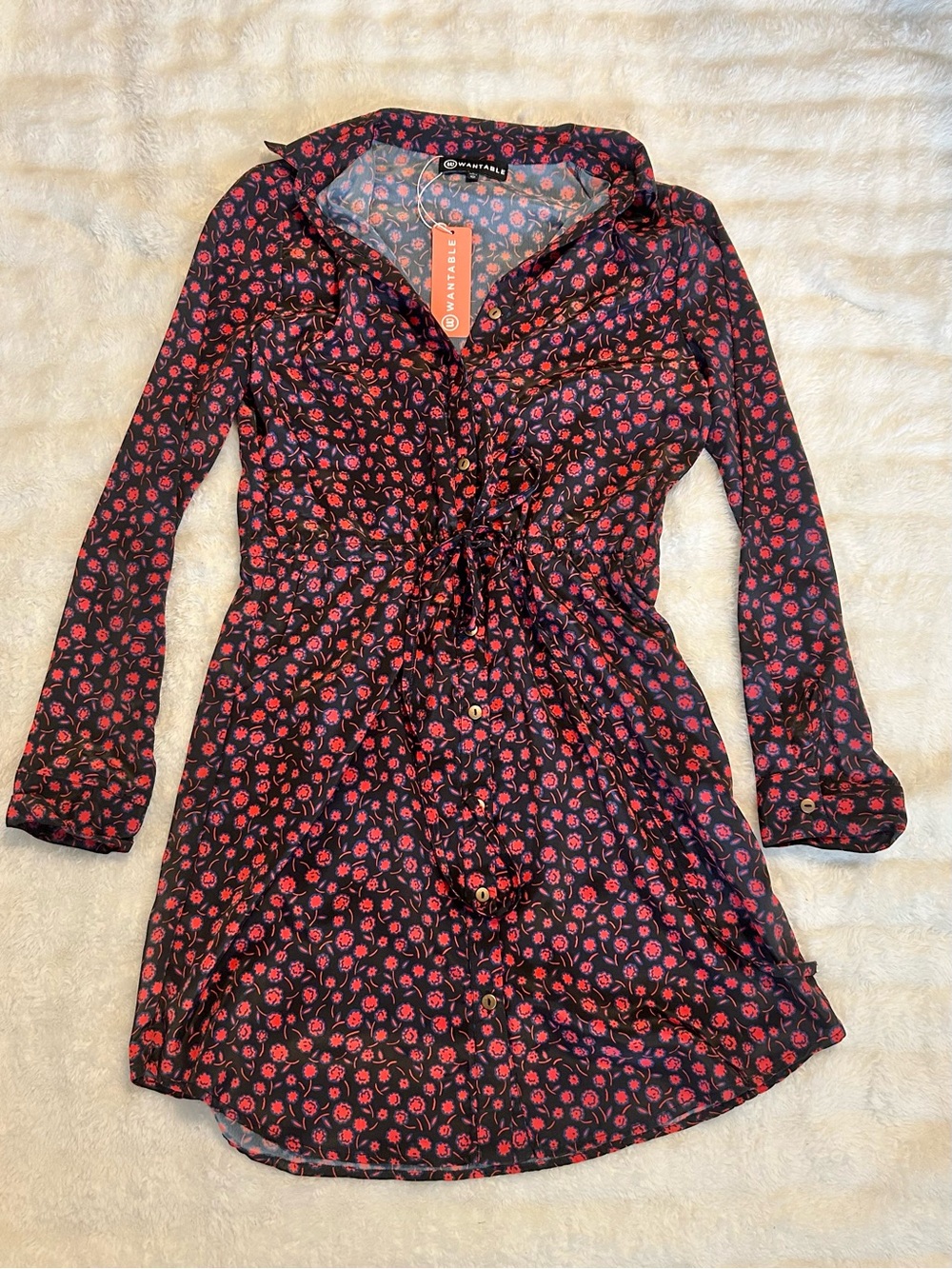 Wantable Floral Button Front Tie Waist Shirt Dress Size Small NWT